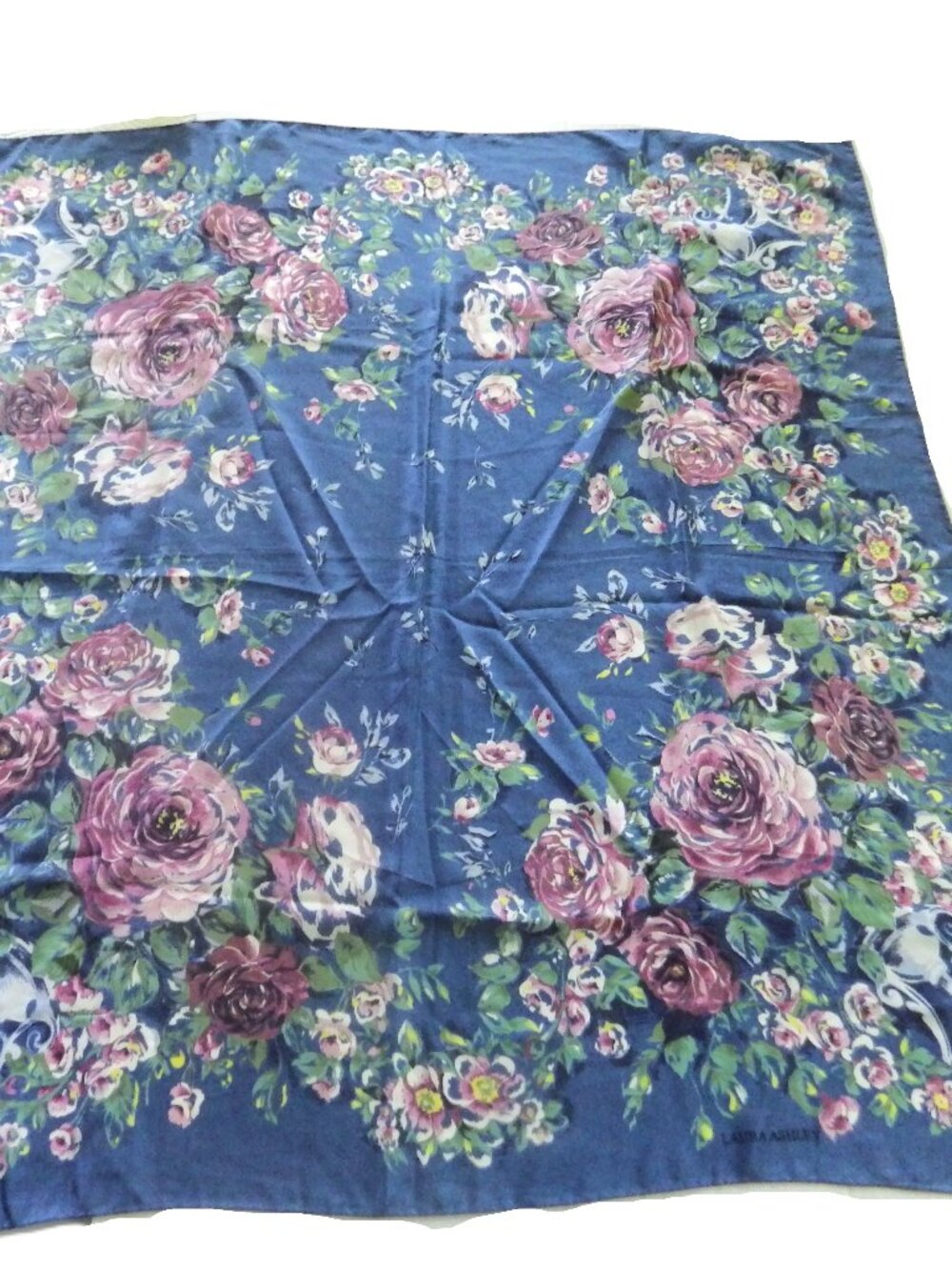 Vintage Laura Ashley Silk Scarf/ Navy Floral/ Signed